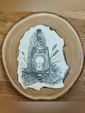 Hand-Drawn Rustic Lantern Wall Art on Wood Slice - Neutral Tones
